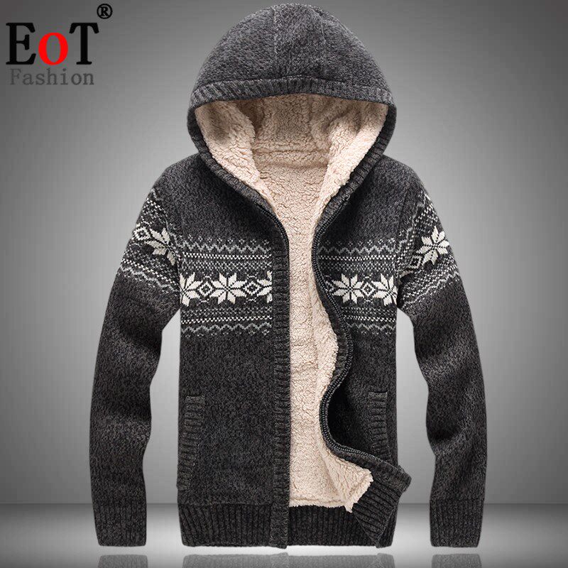 冬季男士加绒加厚毛衣外套连帽开衫宽松拉炼休闲保暖针织衫毛线衣