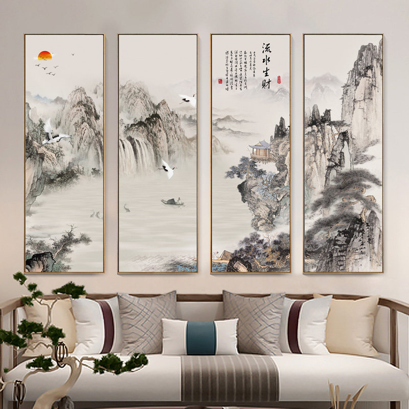 流水生财国画客厅沙发背景墙迎客松装饰画新中式茶室四联组合壁画