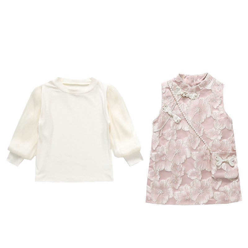女童春秋款花朵马甲连衣裙2024新款中国风秋季女宝宝新中式两件套