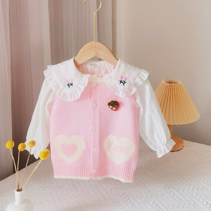 女童衬衫马甲两件套装薄春秋2023新小宝宝洋气婴儿童衬衣毛衣背心