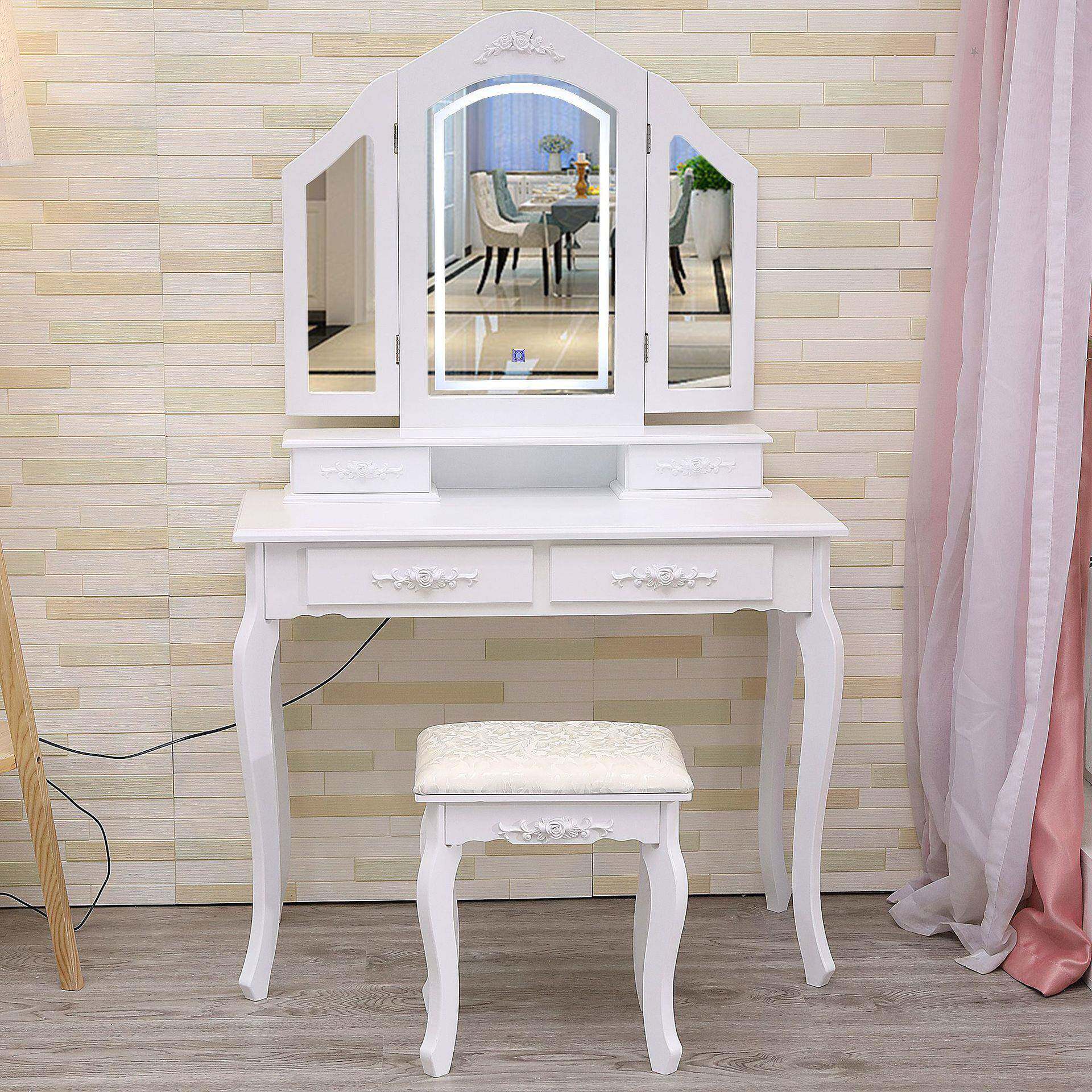 欧式带灯实木三镜四抽梳妆台卧室现代简约化妆台多镜化妆桌