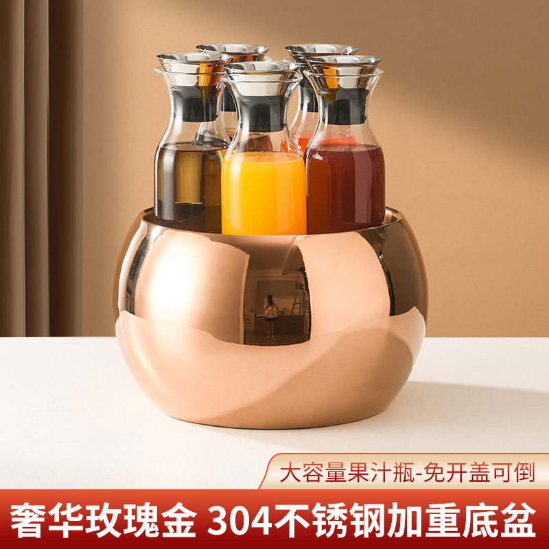 不锈钢果汁展示盆金色自助餐果汁鼎饮料桶玻璃壶大容量酒店餐厅