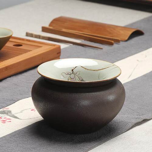 艺虹陶瓷镶银玻璃茶洗大号日式水盂笔洗小茶渣桶建水茶具配件