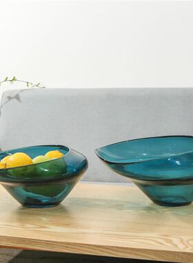 现代简约宝蓝色玻璃果盘摆件样板房卧室客厅玄关装饰干花插花器