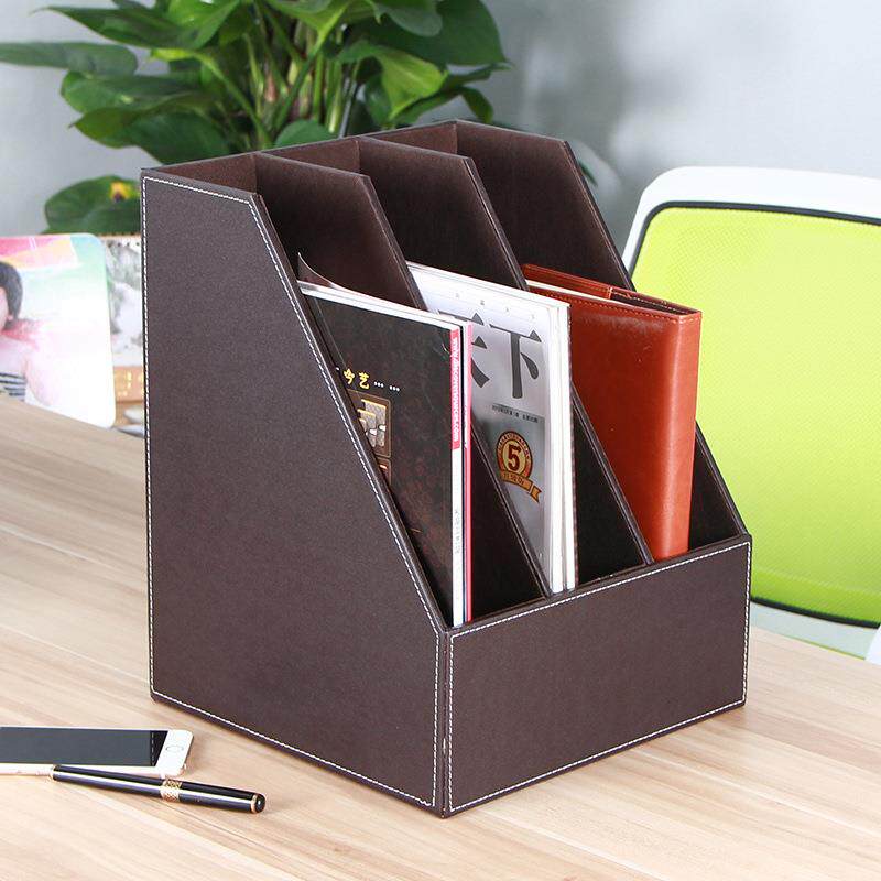 简约商务桌面皮革票据文件座时尚资料整理架A4文件管理架三排书立