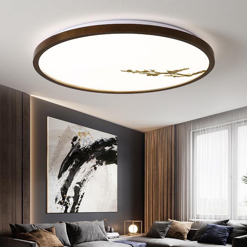 新中式卧室吸顶灯胡桃木色铜木房间灯圆形客厅中国风LED实木灯具