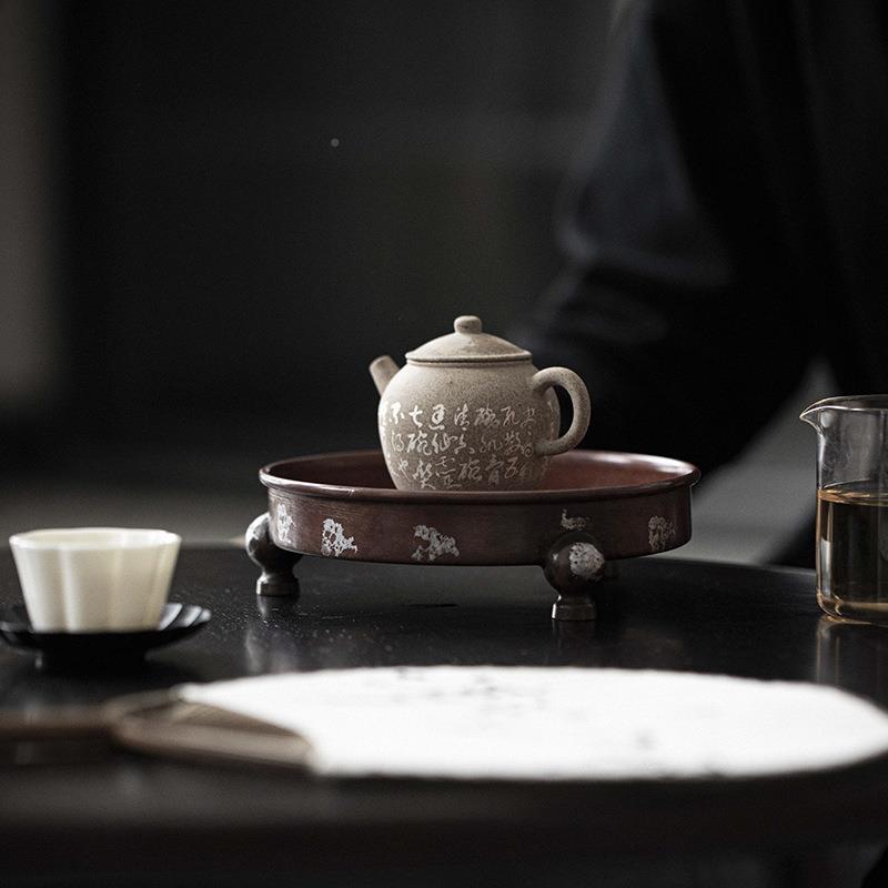 立木仿宋金紫做旧三足铜壶中式文堂lmt人承干泡台茶壶底托茶道配