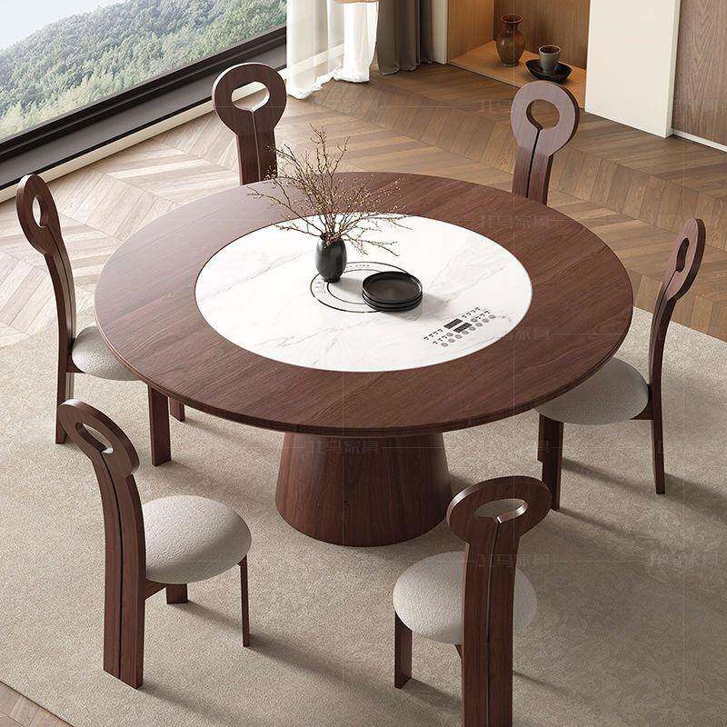 中古风实木餐桌家多功能带暖电磁炉转转盘用圆形胡箐箐式70桃色菜