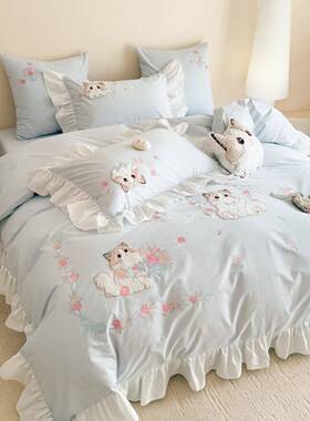可猫咪套纯棉48040S爱水洗棉四件全棉花边女孩绣子贴布床单被罩