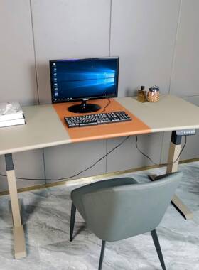 现代意式简约电动升降桌电台家用脑桌马PYS鞍皮工作双电机办公书