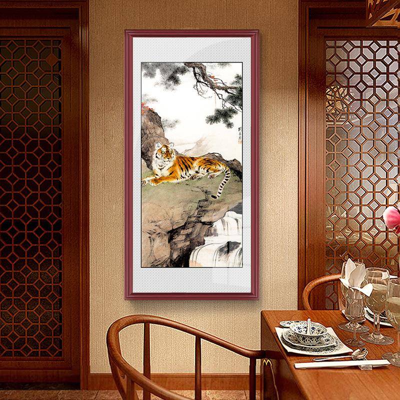 入户玄关装山饰进门画古画典中式XG-003老虎山水挂走过道廊竖幅猛