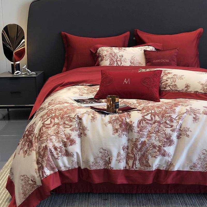 100S长绒棉数码花庆四婚件套全印棉高端12L3婚大红被套宽边结1.8