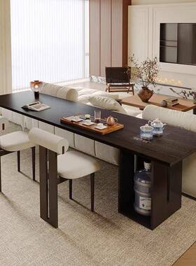 G沙发后茶桌书桌一体家用横厅2米长办公桌意式现代黑色实木泡茶台