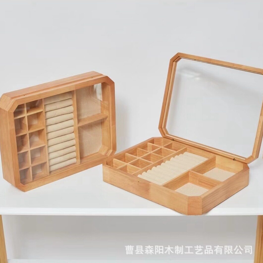 zakka创意木质饰品收纳盒简约翻盖式透明木盒实木分格迷你储物盒