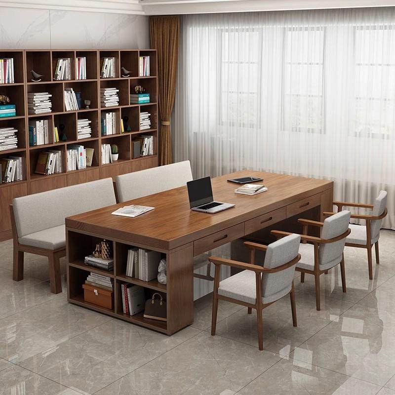 现代简约学习桌带抽屉大长书桌书架一体家用户型实木办公桌置物架