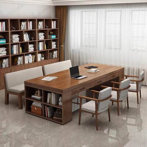 现代简约学习桌带抽屉大长书桌书架一体家用户型实木办公桌置物架