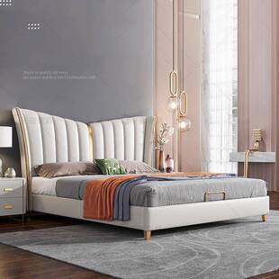 意式轻奢真皮床现代简约主卧双人床1.8米婚床北欧实木2米x2米大床