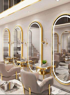 网红潮店理发镜台美发镜子发廊专用剪发染烫单面挂贴墙LED灯简约