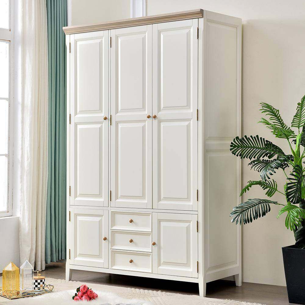美式白色奶油风实木衣柜三门四门家用卧室全核桃木小户型成品衣橱