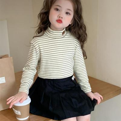女童半高领打底衫2025新款纯棉女宝秋冬内搭儿童长袖t恤条纹上衣