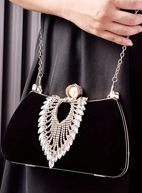 【V钻丝绒】时尚镶钻丝绒晚宴包女黑色高贵礼服包复古派对新娘包