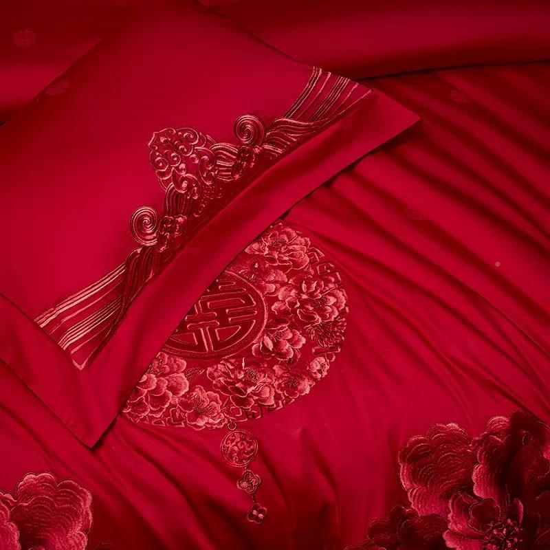结婚红色提花四套全棉件16S长绒棉刺绣婚六件套SEO十0庆件套婚礼