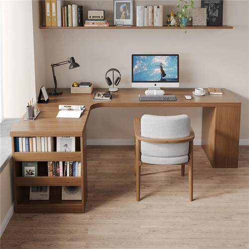 实卧室转角电脑桌家公用木简约现代书桌办书柜一体原木风528桌工