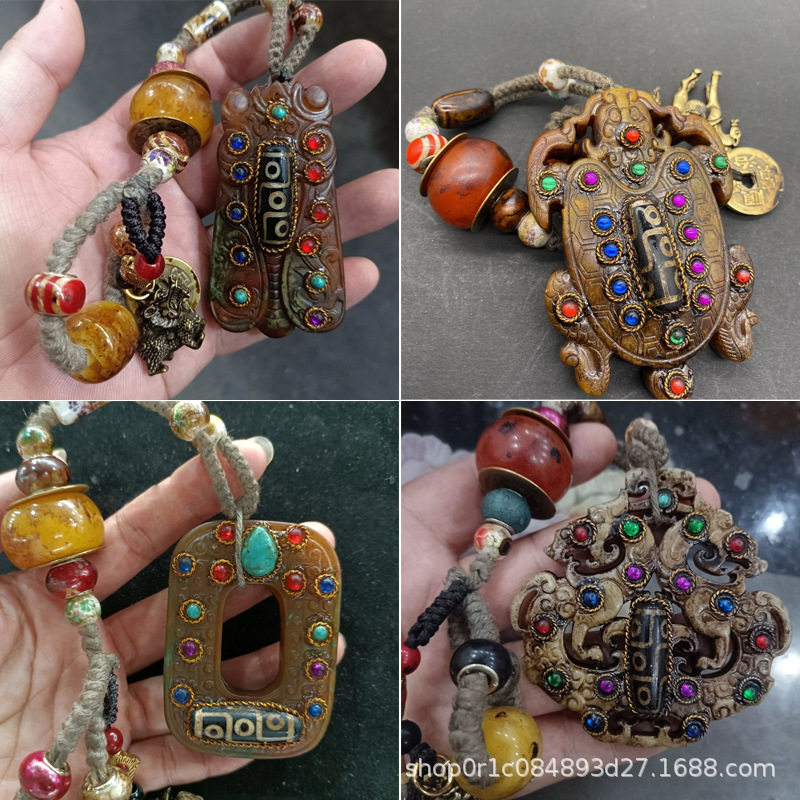 复古岫玉龙龟天珠五帝钱玉璧把件