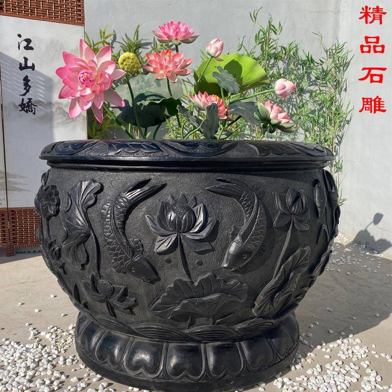 石雕鱼缸石头花盆水槽仿古青石水缸户外养鱼池流水盆庭院石缸摆件