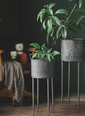 家居装双饰植绿植四脚耳铁筒落地花架复古铁艺种花tp275瓶物皮摆