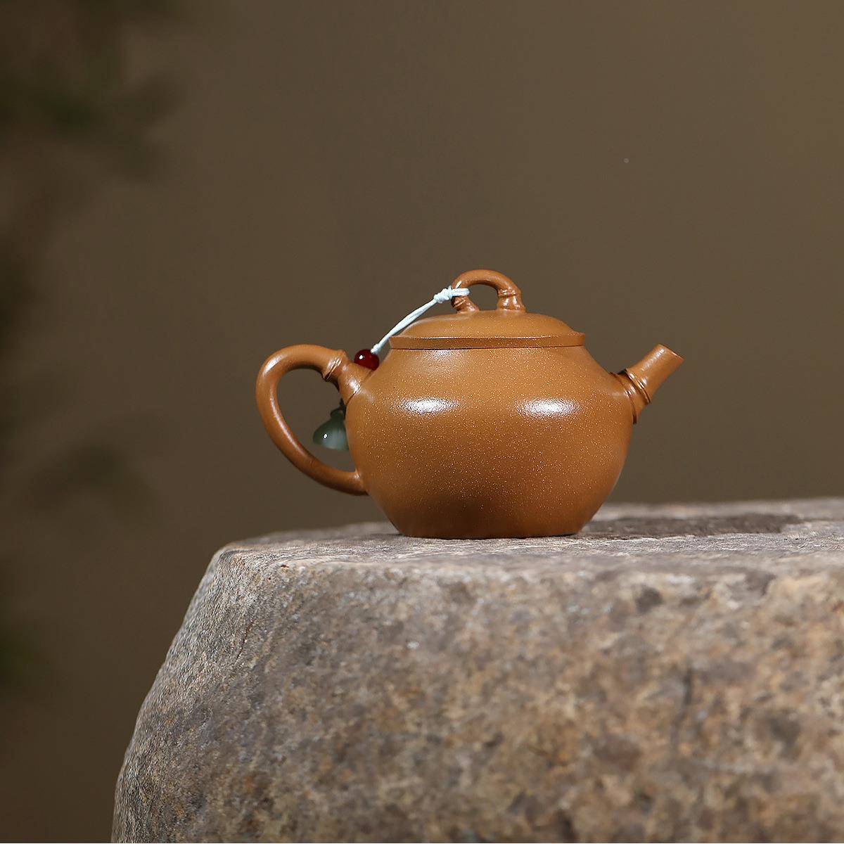 宜兴紫砂壶真TKF手色工制作原矿金降坡泥双竹墩端茶壶销密文分高