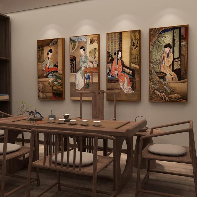 雍正十二美人仕青绿山水女图中式人物国画民宿茶玄关挂画古典室装