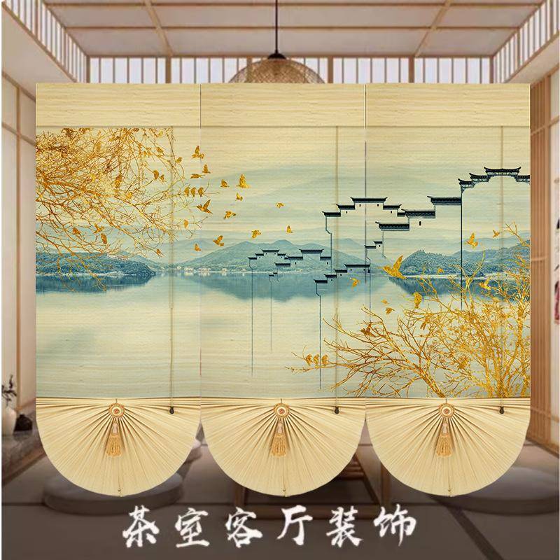 竹帘印花卷窗阳台竹帘子帘装饰画山水中帘式茶室隔断竹WBL门帘墙
