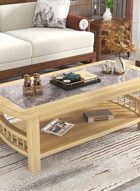 新中式岩板实茶几简约茶RDP茶几桌木现代厅家用双层客小户型台茶