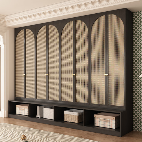 书柜带玻璃门实木藤编简约定制家用客厅一体整墙到顶书架展示柜子