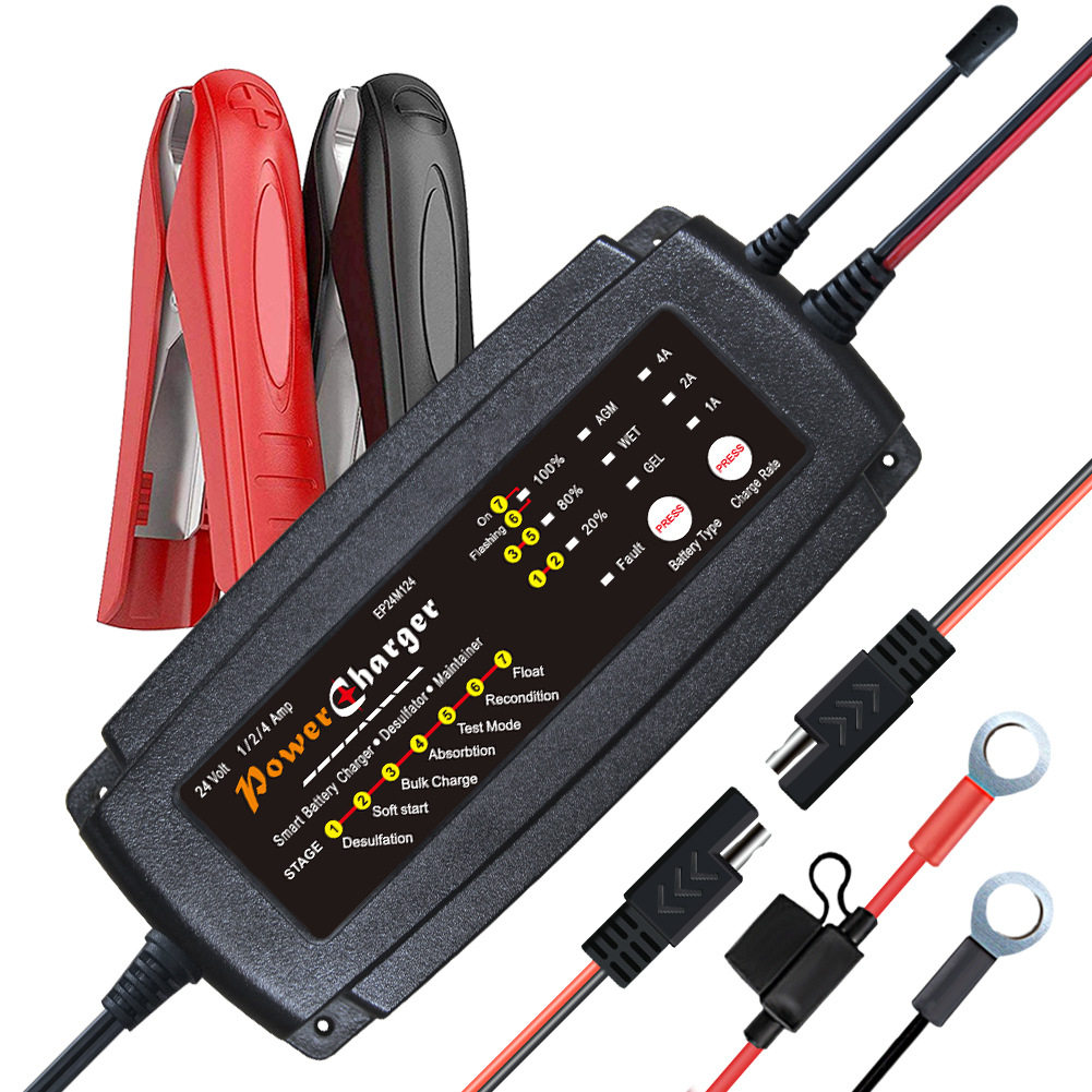 3合1全自动7段式铅酸电池智能充电器多用途电瓶充电器24V/1A2A4A