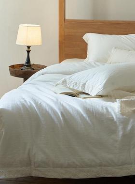 田麻感棉LPM宽边刺套绣四件简约白色纯棉园床单套卧被室床上用品