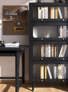 全实木书柜橡木复古黑色中古立美式法储式书客架厅家居防LIO柜尘