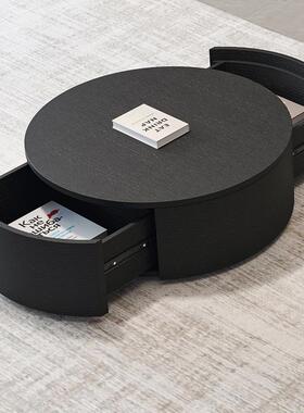 现户代简约黑色极简圆形双屉小型家RTD客厅茶几抽实木多层用茶几