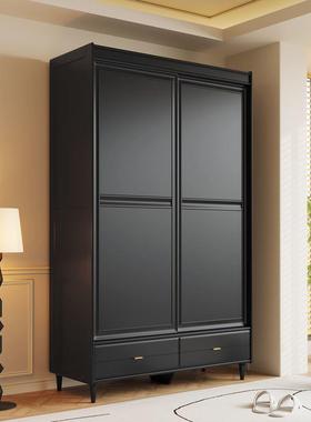 复古黑色实木衣柜实代简约木家用卧室推拉现门小户型门两成VUI品