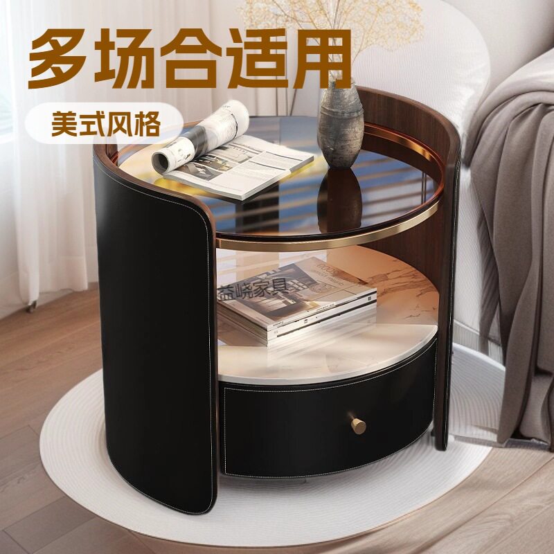 意式圆形床头柜极简马鞍皮现代高端斗柜卧室床边实木收纳小柜子