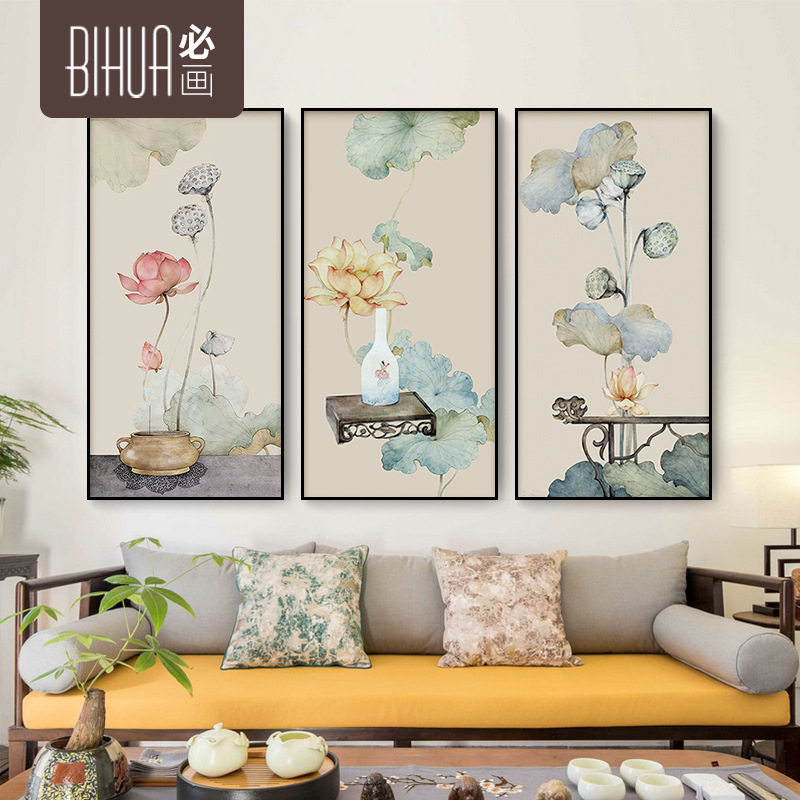新中式玄关油布荷花画入门玄关装饰画客厅挂画新中式中国风墙壁画