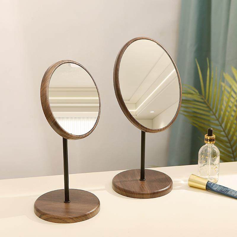 化妆镜桌面立式橡胶木可旋转无异味宿舍梳妆镜简约圆镜