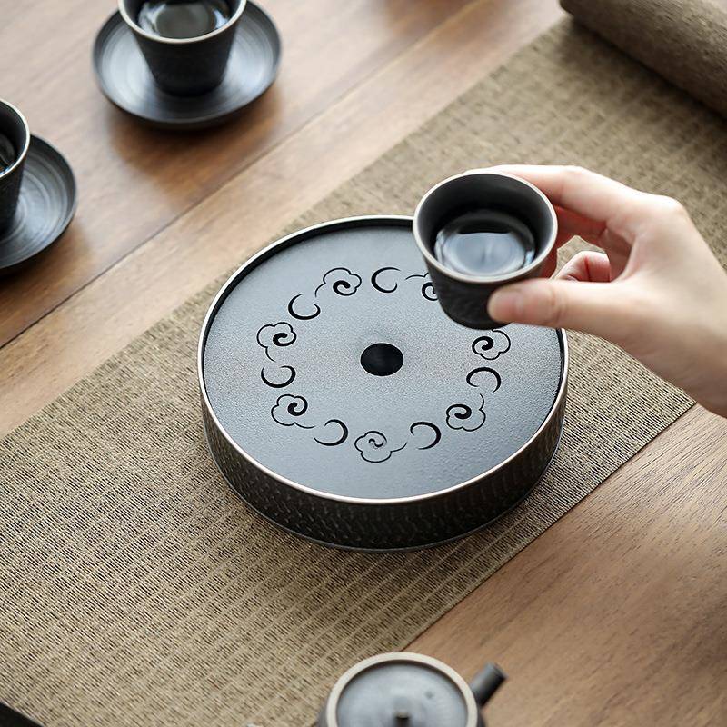 黑玄水储水茶盘陶干瓷大号干泡黑陶排茶海壶承圆形泡茶台215银黑