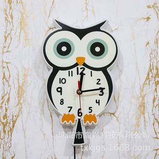 LED灯白色外框挂钟猫头鹰造型时钟卡通动物儿童房家居装饰墙钟