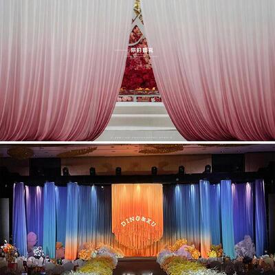 婚庆渐变红色装纱幔中式礼PWG舞婚台背景渐变半挂透纱雪纺布布幔