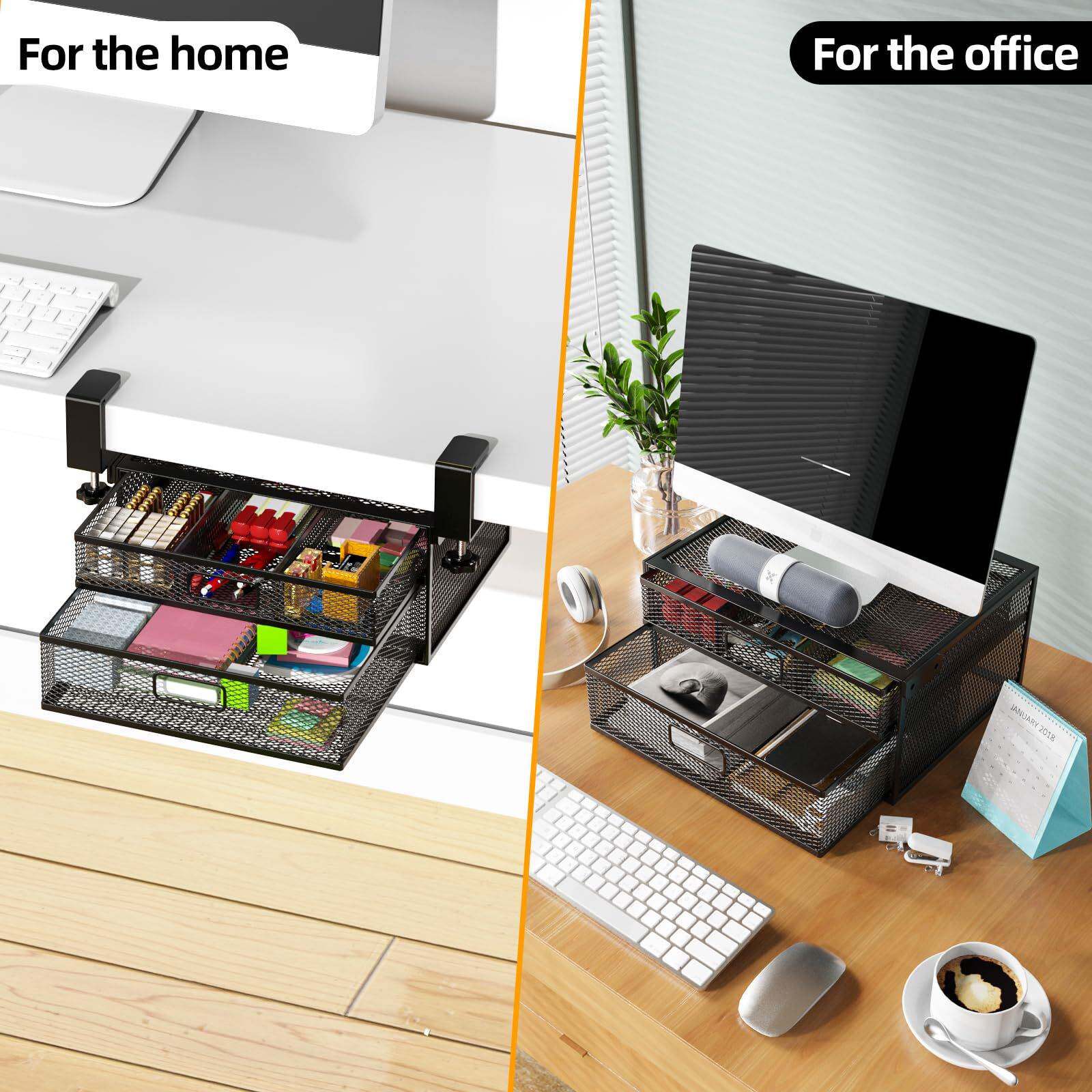 跨境新款桌下置物架免打孔双层金属收纳篮办公用品悬挂文件整理架