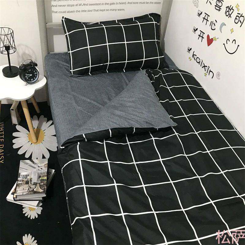 日系上黑白双面格子条纹四件套学生宿舍床被套枕套单单人床件5hMc