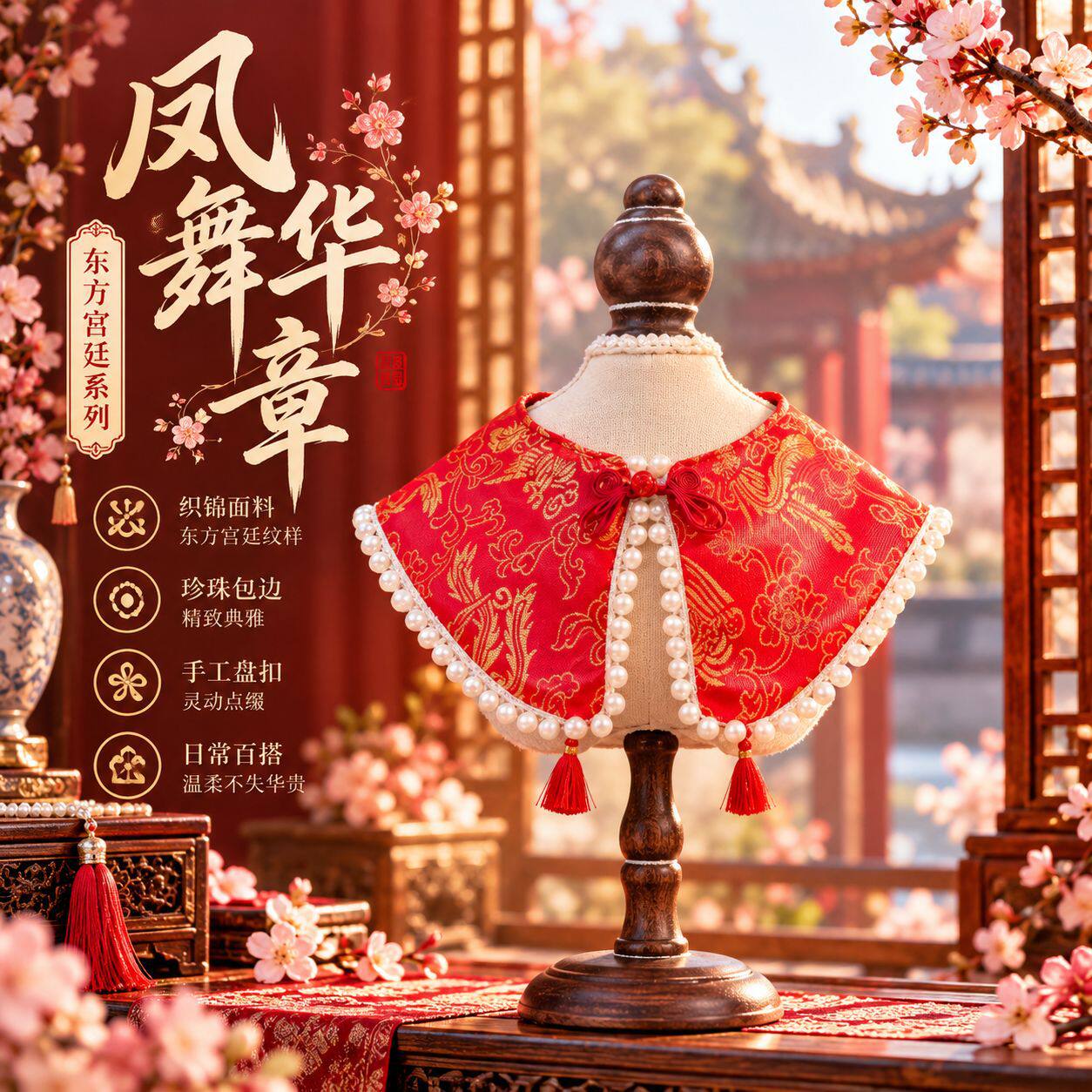 宠物新年披肩围兜 狗狗唐装珍珠围脖 喜庆红织锦小斗篷现货批发