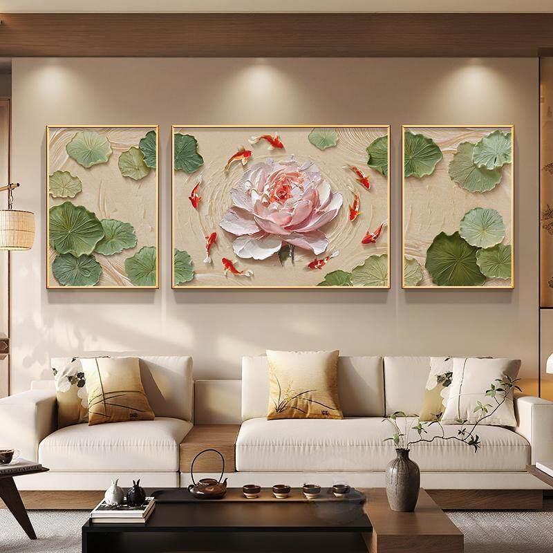 F新中式九鱼图客厅装饰画简约现代沙发背景墙挂画寓意好荷花三联